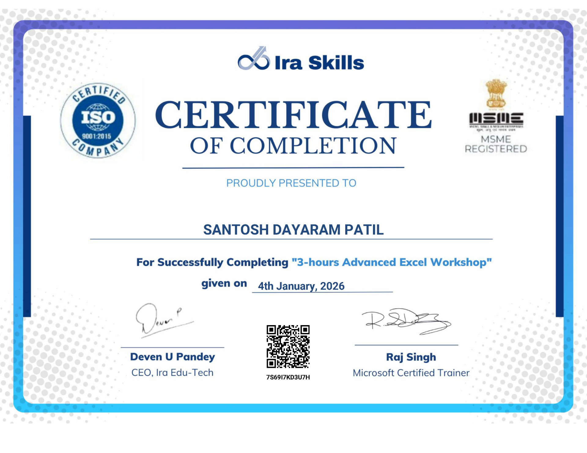 संतोष दयाराम पाटील — ॲडव्हान्स्ड एक्सेल वर्कशॉप प्रमाणपत्र (Ira Skills)